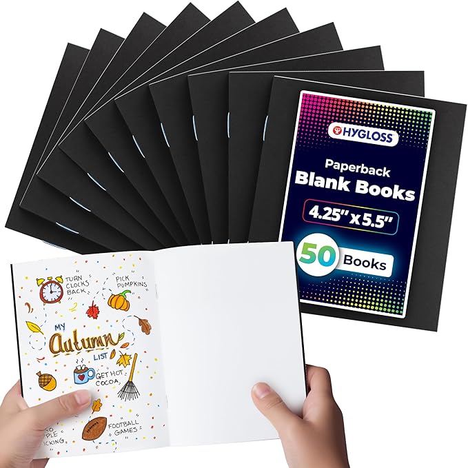 hygloss blank books - bulk 50 pack – 4.25" x 5.5" a6 black paperback blank books for kids to write stories, doodle, arts & crafts – plain drawing sketchbook, unlined journal, notebook without lines