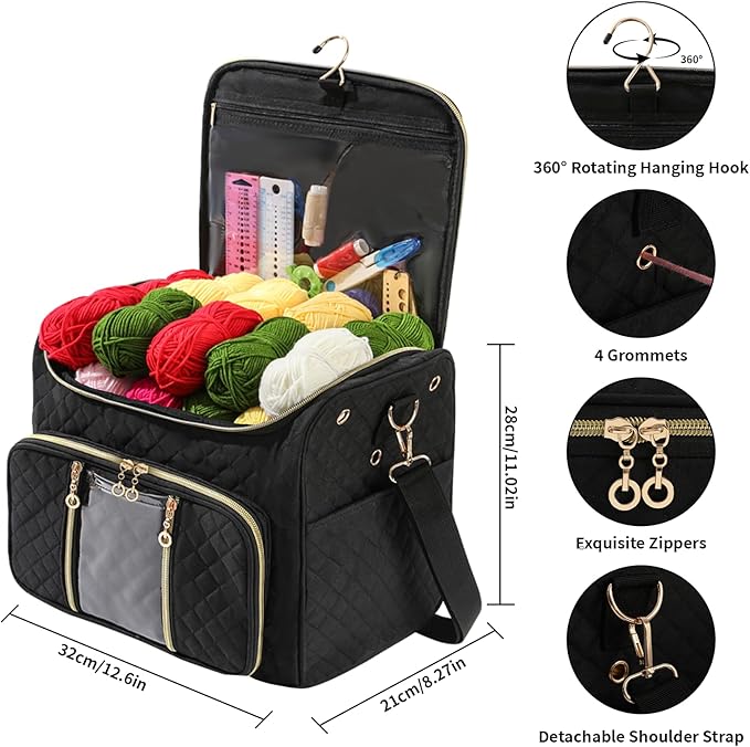 Knitting Bag- Crochet Bags for on The go,Yarn Storage Organizer, Perfect for Knitting and Crochet Accessories（black）