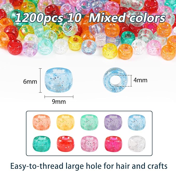 simetufy 1200 pcs pony beads 6x9mm glitter clear plastic beads transparent beads with sparkling glitter assorted 10 colors for diy craft jewelry bracelets making, hair braiding, keychains ornaments