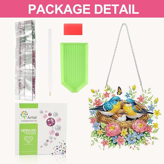 CEOVR Bird Nest Hanging Diamond Art for Adults, Spring Birds Diamond Painting Pendant DIY Gem Art Wall Hanging Ornament, Acrylic Home Garden Decor with Chain, Box Kit 7.87×7.08inch