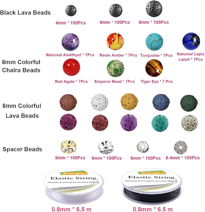 EuTengHao 602Pcs Lava Beads Stone Kits with 8mm Chakra Beads and Spacers Beads Bracelet Elastic String for Diffuse Essential Oils Adult DIY Jewelry Making Supplies