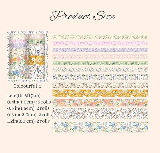 12 Rolls Floral Washi Tape Set - 0.4/0.6/0.8/1.2in Numerous Flowers Design Decorative Tapes for Journaling Scrapbooking Writable Vintage Scrapbook Supplies Letter Gift Craft Tape (Colorful3)