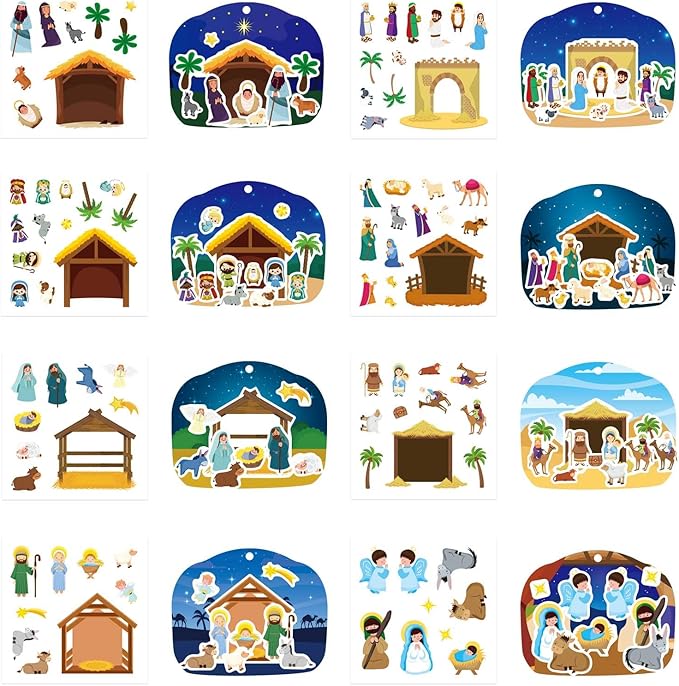christmas nativity craft kit for kids, make a nativity scene hanging ornament sticker kit, jesus birth stickers, christian religious bible scene party favor home classroom activity(24 sets)