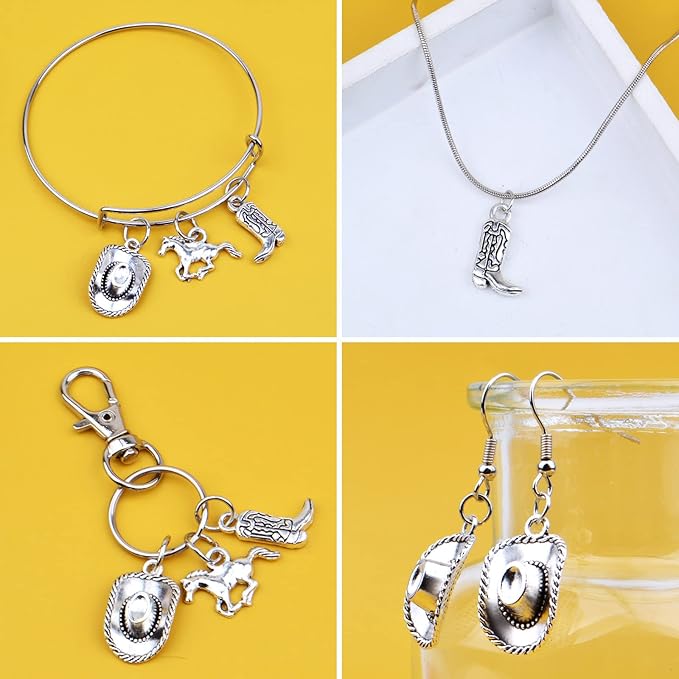 60pcs Silver Western Cowboy Charms Pendants Alloy Horse Cowboy Boot Hat Dangle Charms for DIY Earrings Bracelet Necklace Jewelry Making