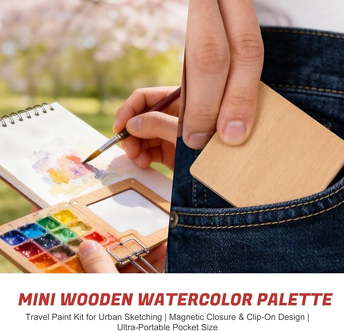 GXJF 24 Colors Portable Watercolor Travel Set, Magnetic Folding Wooden Palette with Refillable Water Brushes & Cotton Sketchbook, Non-Toxic Watercolor Kit for Beginners, Artists & Kids, Ideal for Outdoor Sketching & Travel Painting