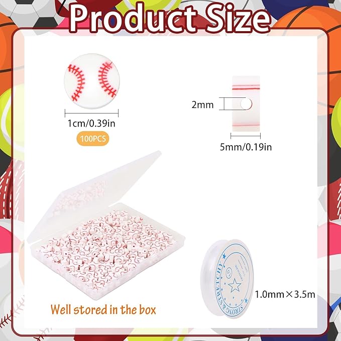 EVERMARKET 100pcs Baseball Polymer Clay Bead, American Football Bead DIY Beads for Necklace Bracelet Jewelry Handmade Jewelry Making Accessories Supplies (White Baseball)