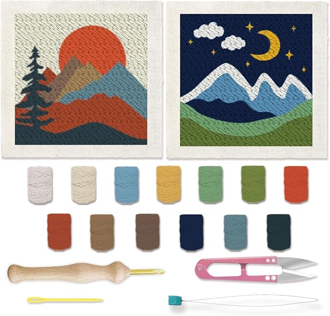 BEUNITONE 2 Sets Camping Punch Needle Kit for Beginners Scenery Theme Punch Embroidery Kits with Frame Instructions Embroidery Starter Kits with Art Night Pattern for Wall Painting 9.4'' x 9.4''