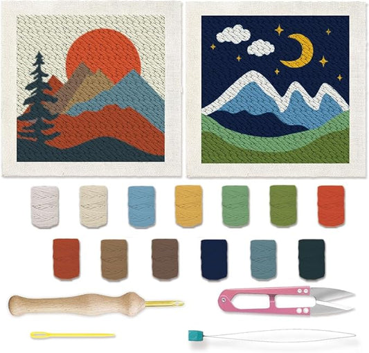 BEUNITONE 2 Sets Camping Punch Needle Kit for Beginners Scenery Theme Punch Embroidery Kits with Frame Instructions Embroidery Starter Kits with Art Night Pattern for Wall Painting 9.4'' x 9.4''