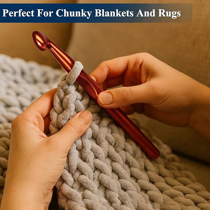 7PCS Ergonomic Crochet Hooks Set, Jumbo Ergonomic Metal Crochet Needles (6.5-15mm), Crochet Hook Set for Chunky Yarn, Blankets, Rugs, Crochet Hooks for Beginners & Adults
