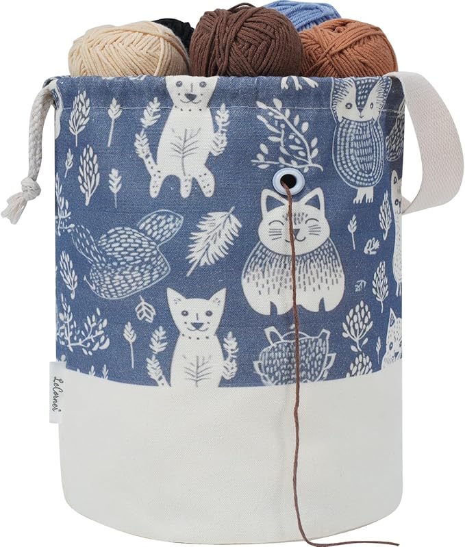 Yarn Bag, Large Crochet Bag Organizer, Drawstring Yarn Storage Knitting Bags, Portable Mini Yarn Holder for Crocheting Project, Store Skein Ball, Needles Accessories (Navy Blue, Extra Large)