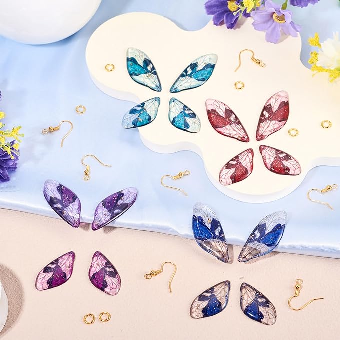 FASHEWELRY 16Pcs Resin Wing Charms Blue Purple Red Butterfly Wing Earring Charms Colorful Dragonfly Wings Pendants with Jump Rings Earrings Hooks for DIY Earring Jewelry Making Kits
