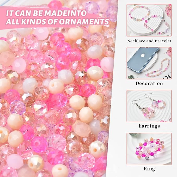 1000pcs 4/6/8mm Rondelle Glass Beads for Jewelry Making,Electroplate Round Shaped Crystal Spacer Beads Assorments for Bracelet Necklaces DIY Pink