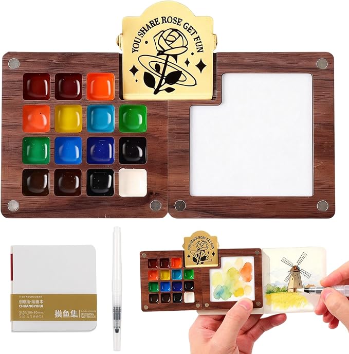 Mini Watercolor Travel Paint Set, 15 Grid Mini Portable Watercolor Palette with A Clip, Wooden Mini Paint Palette with Colours, Book, Binder Clips, Watercolor Pens for Painters Artists Students