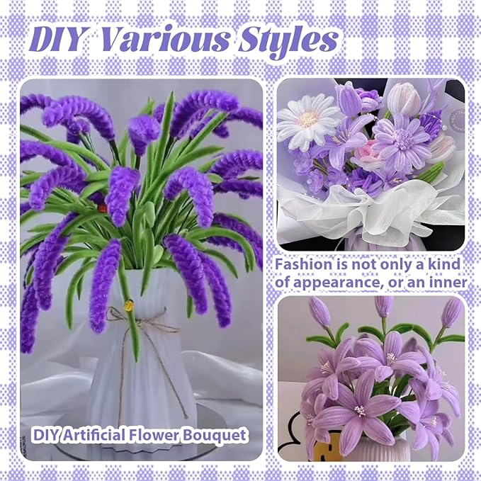 300 Pcs Purple and Green Thick Pipe Cleaners Craft Supplies for Floral Bonquet DIY Flower Making Kit for Starter with Floral Wires, Gardening Tape,Stamen Gift Wrapping Party Decor