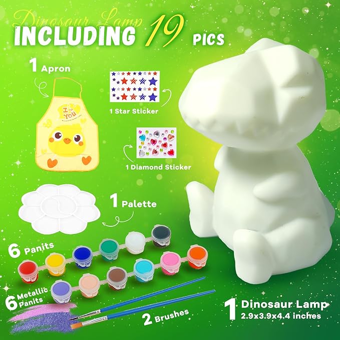 Cokiki Paint Your Own Dinosaur Lamp Kit, Art Supplies DIY Night Light Painting Kit, Arts and Crafts for Kids Ages 8-12, Crafts Holiday Creative Gift for Girls Boys Ages 6 7 8 9 10 11 12+