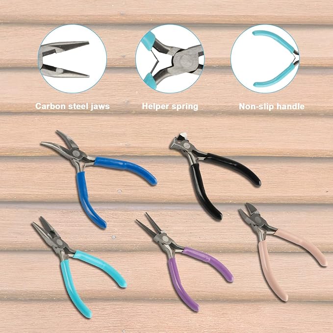 5-Piece Professional Jewelry Pliers Set for Wire Crafting & Repair ： Includes Chain Nose, Round Nose, Bent Nose, Needle Nose & Wire Cutters