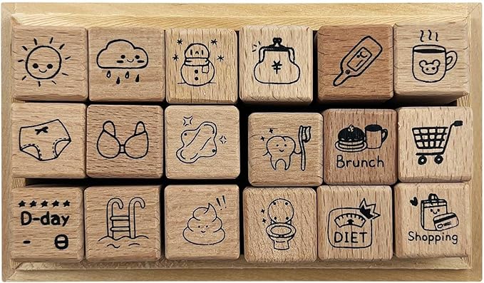 18pcs Weather Theme Wooden Rubber Stamps Kit, Cute Small Stamps for Decorative Diary Planner DIY Craft Scrapbook Card Making Letters Journal