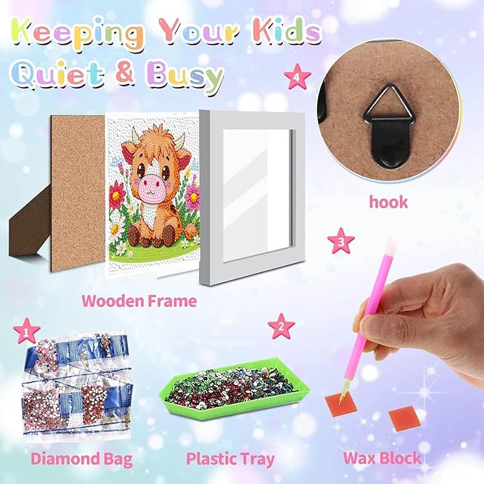 Dlylust Highland Cow Diamond Art Kits for Kids with Frame, Gem Art for Kids Ages 4-8-12, Easy Diamond Painting Kit with Beautiful Package for Gift Home Wall Decor