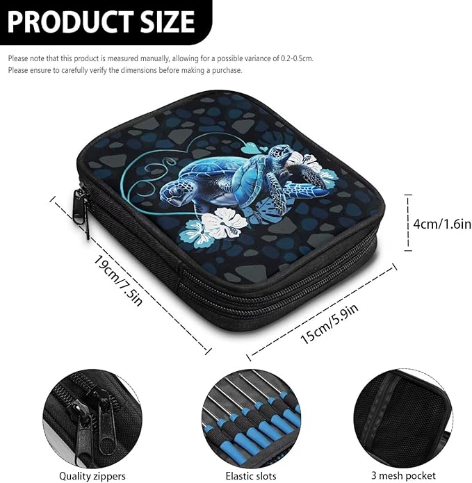 Hechitok Turtle Flower Crochet Hook Case, Zipper Storage Organizer Bag with Web Pockets for Crochet Needles/Knitting Accessories/Crochet Hook Kit Tools Easy to Hold