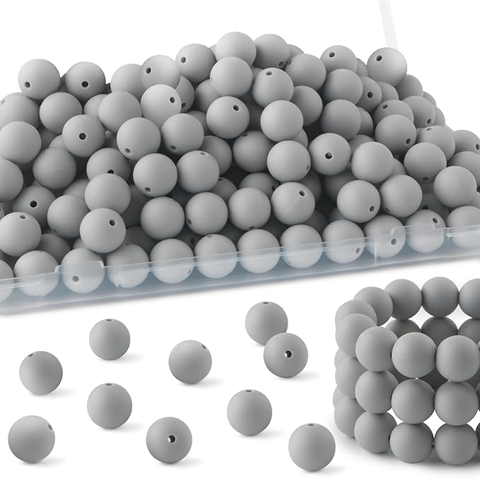 150Pcs 15mm Silicone Beads for Keychain Making Bracelet Necklace, Bulk Round Silicone Beads for Pens(Light Gray)