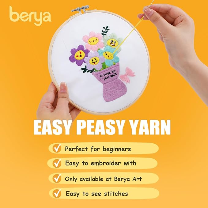BERYA Embroidery Kit for Adult Beginners, Funny Flower Embroidery Kit with Step-by-Step Instructions & Video, Printed Cloth, 7.87" Hoop, Display Stand, Color Threads and Tools for Craft Lover(BEF021)