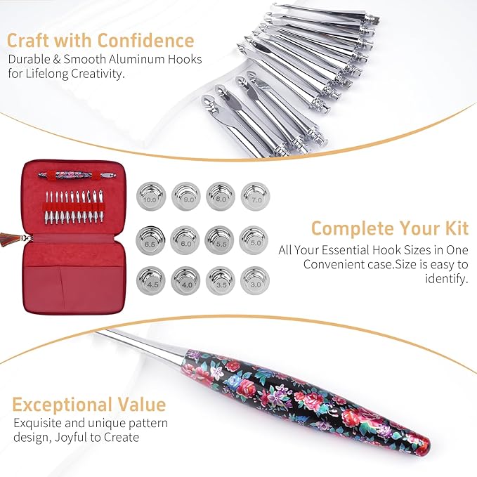 Weabetfu Interchangeable Crochet Hook Set Aluminum Inline Crochet Hooks Ergonomic Handle for Arthritic Hands for Beginner,12 Size 3mm-10mm