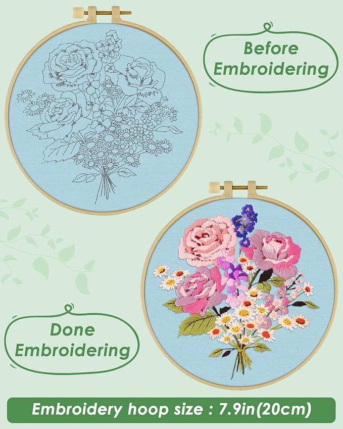 ERKOON Embroidery Kit for Beginners, Flower Cross Stitch Set for Include Embroidery Cloth Hoops Threads for Craft Lover Hand Stitch with Embroidery Skill Techniques (Bouquet)