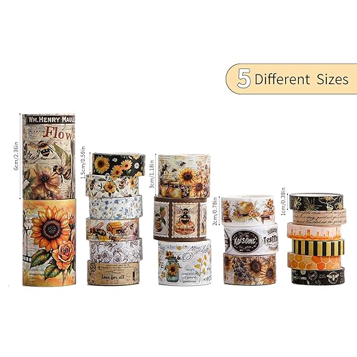 Washi Tape Set 20 Rolls - Vintage Bee Floral Butterfly Botanical Washi Tape Kit, Cute Retro Decorative Tapes for Scrapbooking Supplies,Junk Journal, Bullet Journaling, DIY Art Crafts, Gift Wrapping