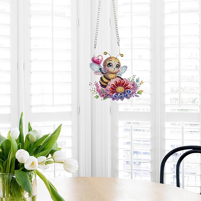 AiYuanzsh Diamond Art Hanging Kits for Adults, Bee Flower Special Shaped Crystal Diamond Painting Acrylic Ornament, DIY Window Suncatcher Pendant for Home Wall Decor Gift