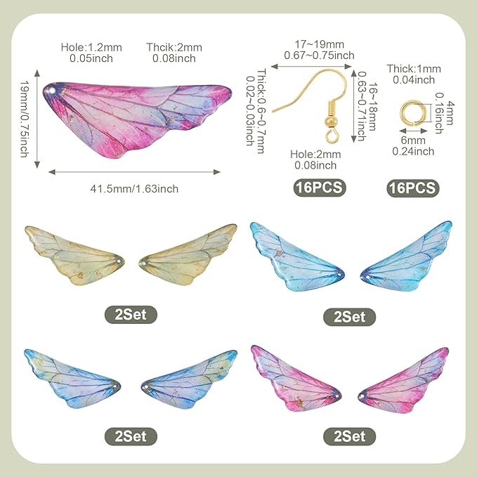 FASHEWELRY 16Pcs Resin Butterfly Wing Charms Yellow Pink Blue Feather Earring Charms Transparent Glitter Insect Wings Pendants with Jump Rings Earrings Hooks for DIY Earring Jewelry Making