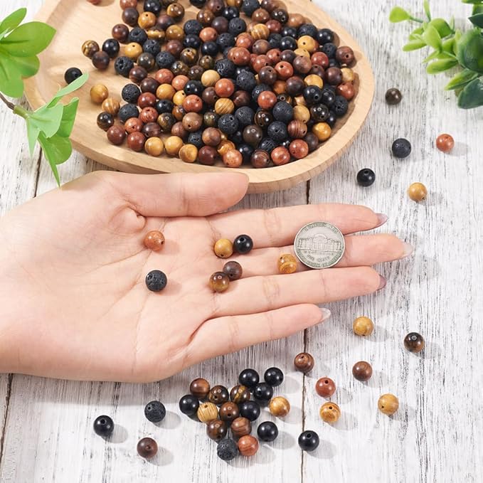 KISSITTY 300Pcs 6 Style Natural Wood Round Gemstone Beads Kit for Easter 8mm Lava Rock Bead & Grade AB Tiger Eye Wood Bead Natural Polished Wooden Ball Loose Beads for Men Bracelet Jewelry Making