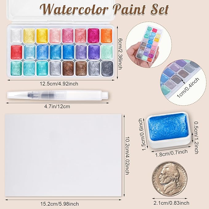 Mini Metallic Watercolor Paint Set, 24 Colors Glitter Watercolor Paint with Watercolor Paper Brush, Artists' Collectible Editions Gifts for Beginner Artists Adults Aged 14+ Mothers Day Gifts for Mom