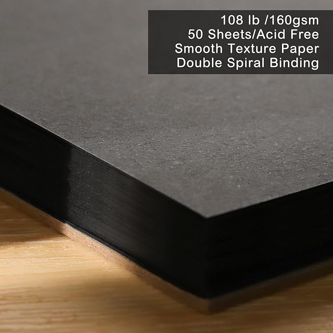 50 Sheets Black Paper Sketchbook, 108 lb/160gsm Heavyweight Black Sketch Pad 9×12in, Acid-Free Drawing Paper, Spiral Bound Sketch Book for Kids, Teens, Artist
