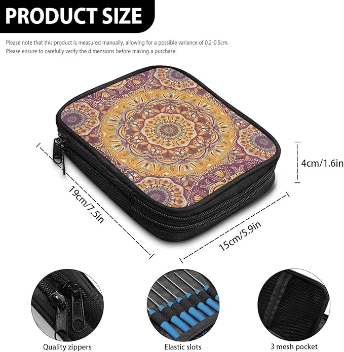Hechitok Mandala Orange Crochet Hook Case Without Hooks and Accessories Zipper Storage Organizer Bag with Web Pockets for Various Crochet Needles Accessories Crochet Hook Kit Tools