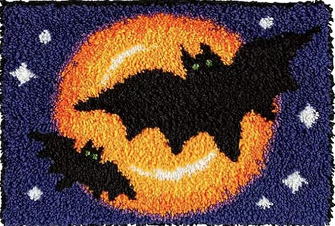 Howie's Latch Hook Kits for Adults, DIY Halloween Latch Hook Kit Rug Crochet Yarn, Color Preprinted Pattern Embroidery Decoration(Halloween Bats, 19.69 x 14.96 inch)