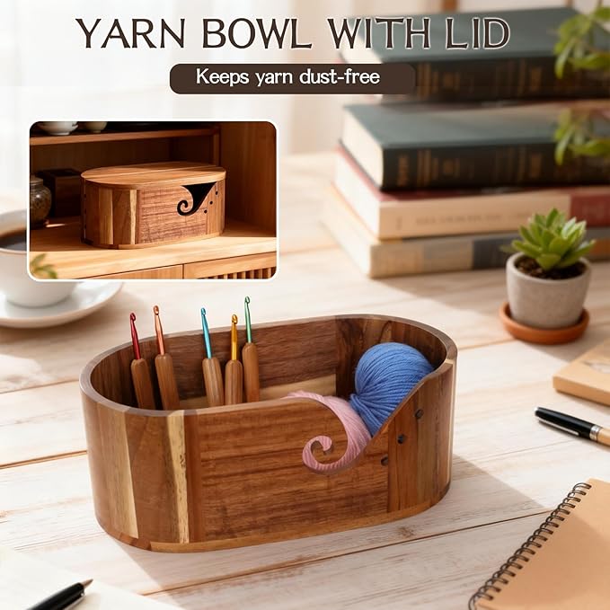 Large Oval Yarn Bowl, Crochet Bowl with 9 Crochet Hooks, Yarn Bowls for Crocheting, Gifts for People Who Love to Crochet, Acacia Wood, 11.4 x 5.9 x 5 Inch, A Gift from Nature