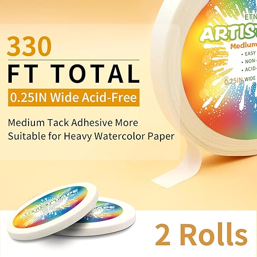 2 Packs White Art Tape Medium Tack Artist Masking Tape Paper Acid Free Tape Watercolor Painters Tape Artists Tape for Drafting Art Watercolor Painting Canvas Framing, 0.25 inch Wide 330FT Long