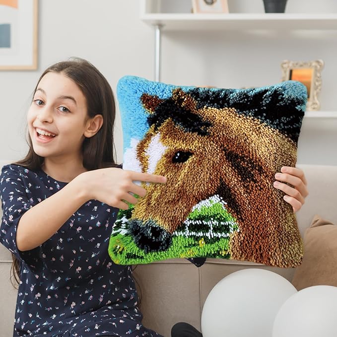 LAPATAIN Latch Hook Kits for DIY Throw Pillow Cover,Needlework Cushion Cover Hand Craft Crochet for Great Family 17X17inch(Brown Horse)