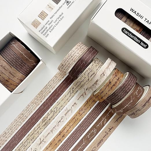 YUBX Vintage Washi Tape Set 8 Rolls Thin Retro Decorative Antique Patterns Masking Tapes for Arts, DIY Crafts, Journals, Planners, Scrapbook, Wrapping (Handwritten Text)
