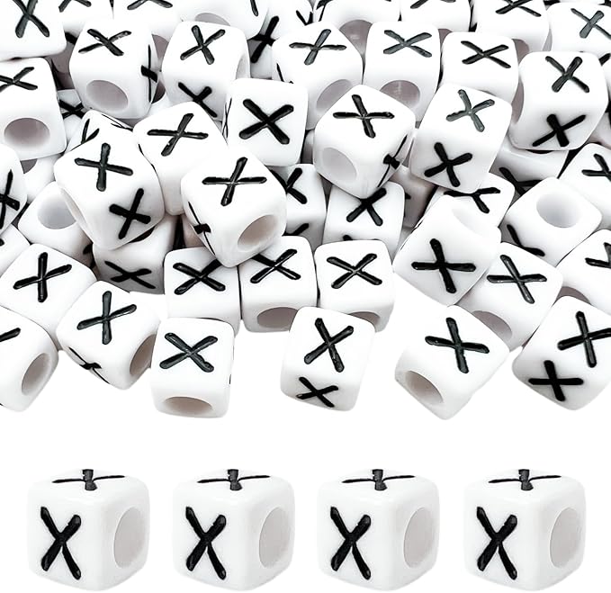 MIIIM 100pcs Pony Beads Letter X for Keychains Making, 6x6mm Large Hole Square Letter Beads for Bracelets Making, Alphabets, Numbers (White and Black)