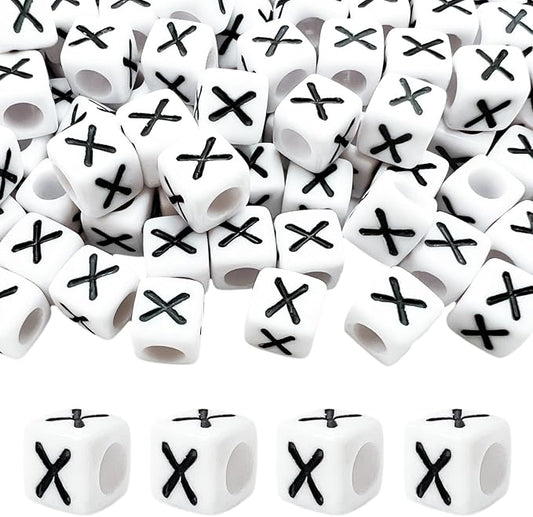 MIIIM 100pcs Pony Beads Letter X for Keychains Making, 6x6mm Large Hole Square Letter Beads for Bracelets Making, Alphabets, Numbers (White and Black)