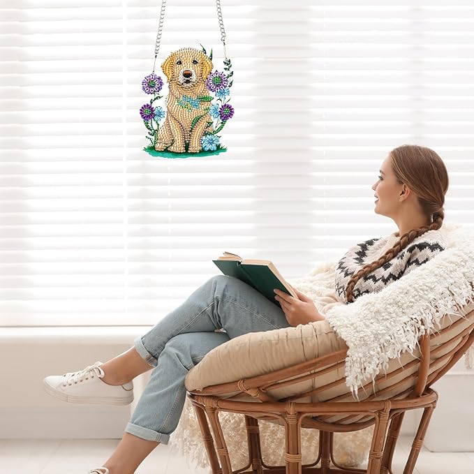 AiYuanzsh Golden Retriever Dog Diamond Art Painting Hanging Pendant Kit Animal Special Shaped Diamond Dots Art Acrylic Ornaments Diamond Art Pendant for Adult Home Wall Window Decor Gift