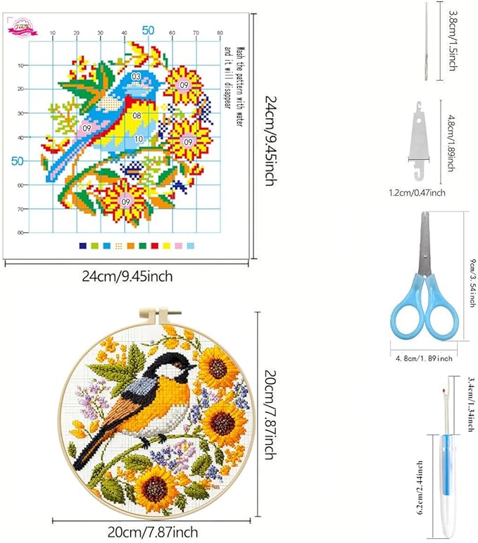 Zhenqing Book Lover's Cross Stitch Kit - 4-Piece Set with Pre-Printed 11CT 24x24cm Fabric, Hoop & Tools, Reading & Flower Themes for Beginners(70411)