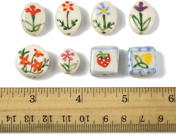 8Pcs Flower Porcelain Beads for DIY Jewelry Mixed Shapes Handmade Round Square Oval Floral Spacer Beads for Necklaces Bracelets Earrings Keychains Making and Crafting