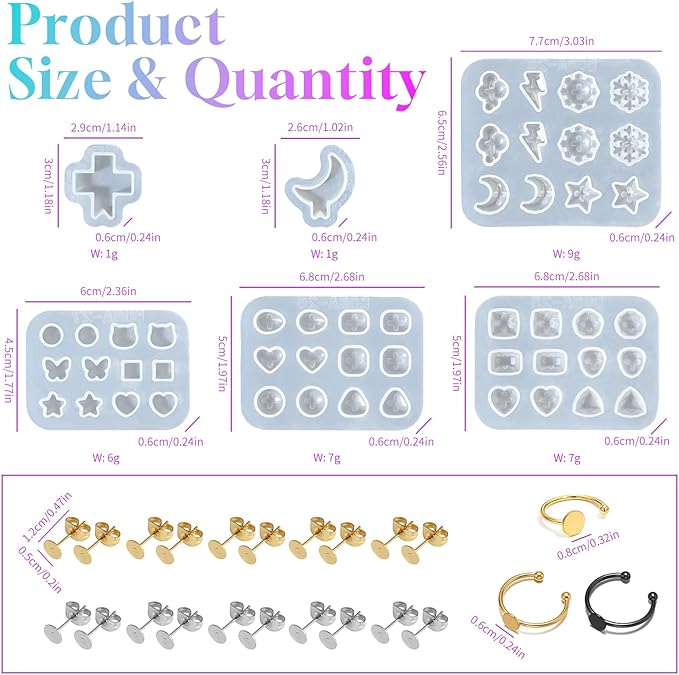 Epoxy Resin Molds Jewelry, Small UV Resin Molds Silicone Kit with Earring Backs & Ring Settings Accessories, DIY Mini Silicone Moulds for Earrings, Pendants, Rings, Necklace & Keychains Art Crafting