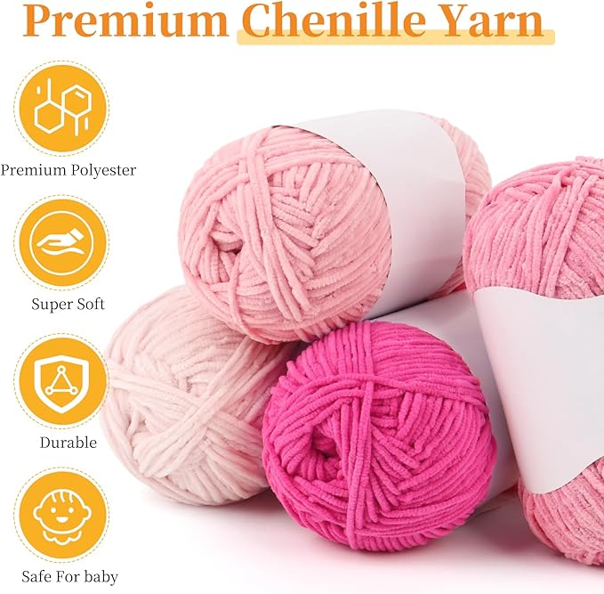Coopay Skinny Chenille Yarn for Crocheting and Knitting, 12 Pack of 50g/1.76oz-1764yd Total, Soft Velvet Yarn of Baby Weights-Suitable for Baby Blankets, Plush Toys-Super Soft (Light Pink Gradient)