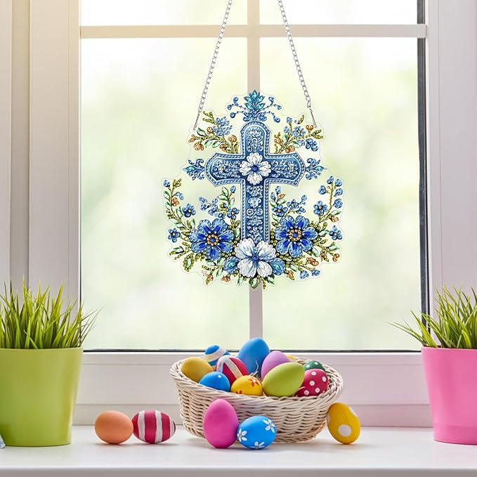 NAIMOER Cross Flowers Diamond Art Hanging Kits for Adults, 5D Special Shaped Rhinestone, DIY Acrylic Spring Diamond Art Painting Window Pendants Home Garden Wall Hanging Ornament Kits, Double Sided