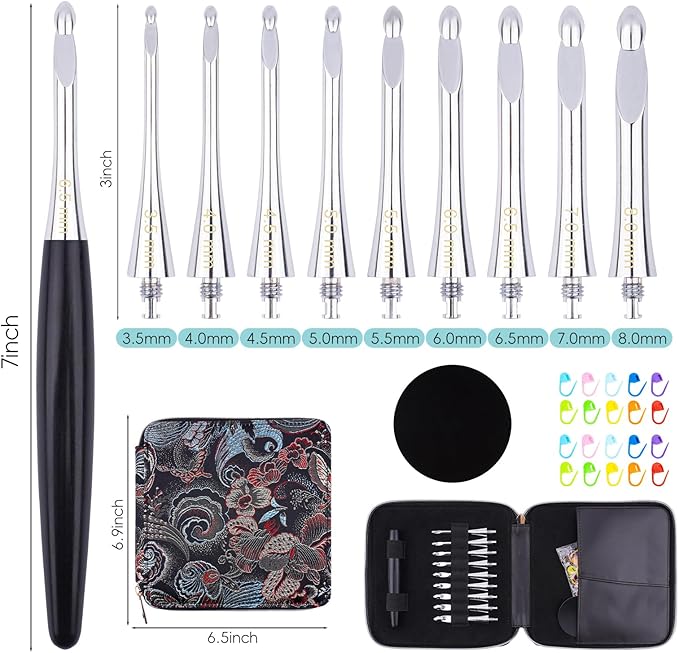 Mdoker Interchangeable Crochet Hooks Set – 9 Sizes (3.5mm‑8mm) Wooden Handle & Aluminum Hooks with Embroidered Storage Bag Inline Wooden Crochet Hook – Ideal for Knitting,Crochet & Travel