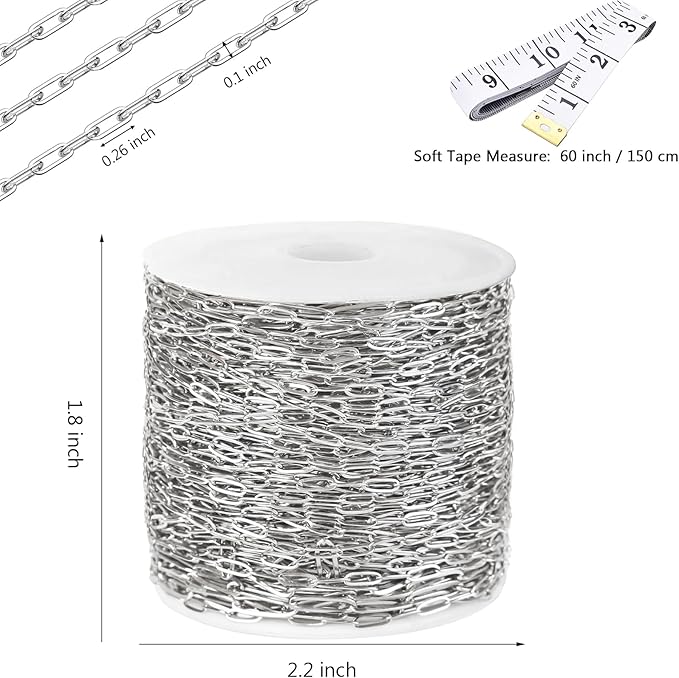 16Ft Stainless Steel Paperclip Chain for Jewelry Making, 2.5mm Width Silver Paper Clip Link Chains Roll for DIY Necklace Bracelet Craft Jewelry Making Supplies with Lobster Clasps Soft Tape Measure