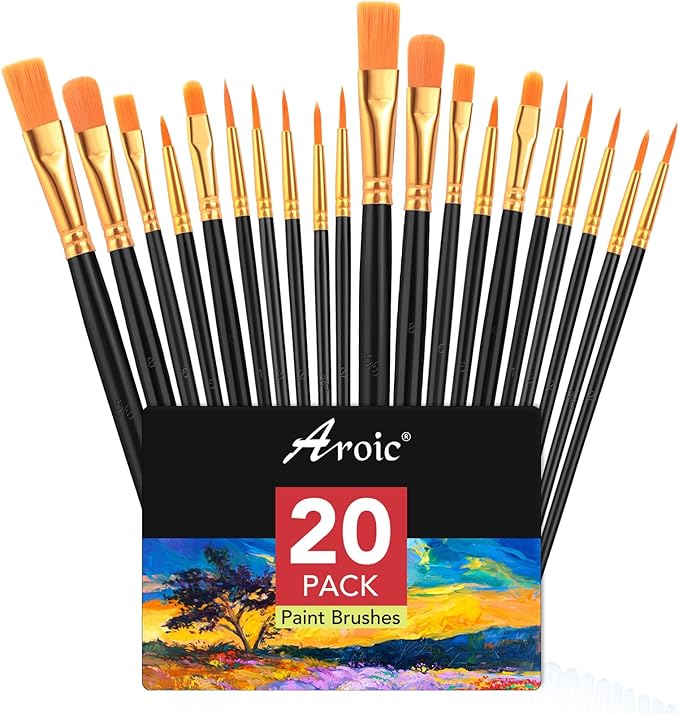 AROIC Acrylic Paint Brush Set, 2 Packs / 20 pcs Nylon Hair Brushes for All Purpose Oil Watercolor Painting Artist Professional Kits (Black)